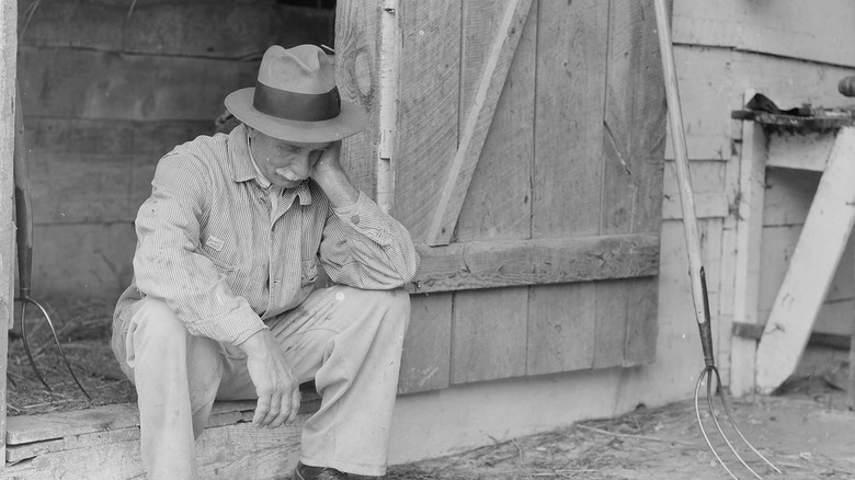 Farmer looks in despair sitting