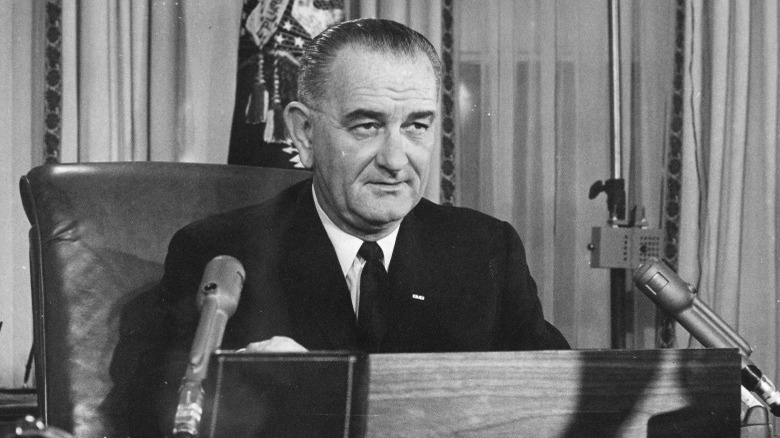 LBJ talking at press conference