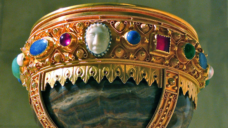 Detailed close-up of a bejeweled chalice