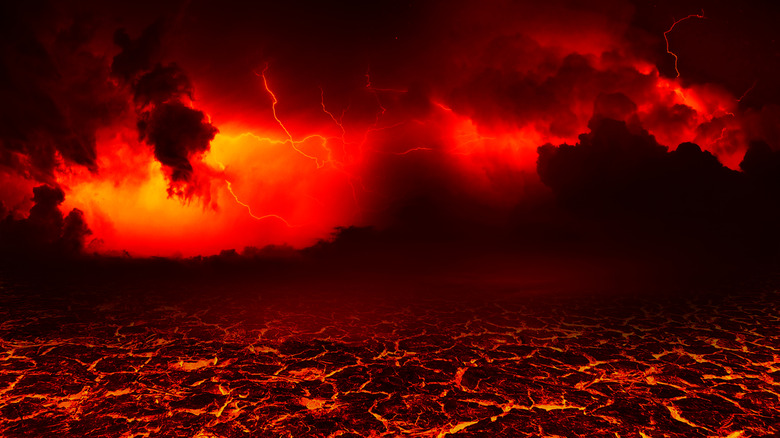 Fiery, stormy, hellish landscape