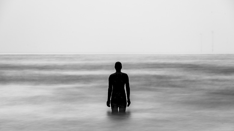 Solitary figure in smoky landscape