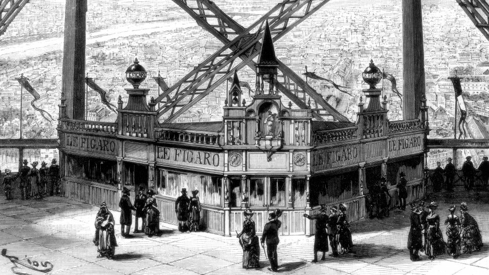 The pavilion of the Figaro, on the second storey of the Eiffel Tower, Paris, 1889.