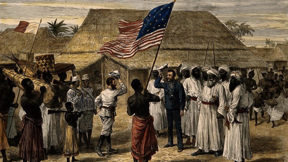 Engraving of the meeting between Stanley and Livingstone in Ujiji