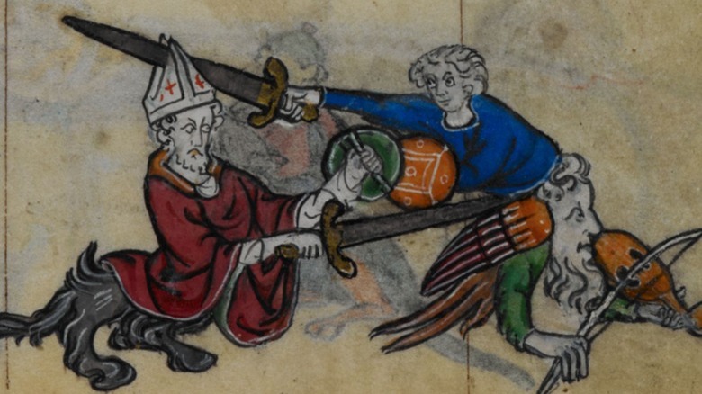 Drollery showing two people fighting