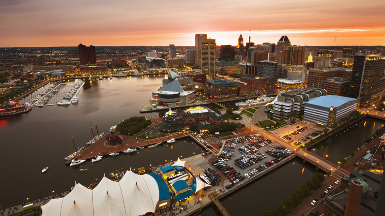 Baltimore harbor lit at night