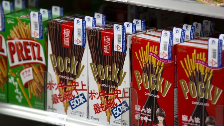 store shelf filled with Glico candy