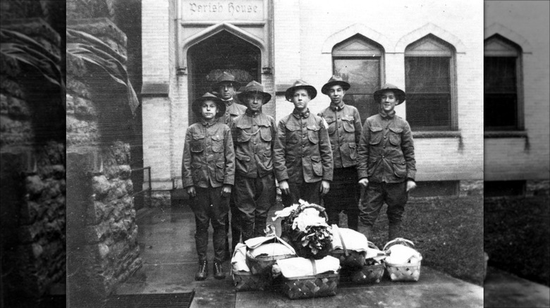 Boy Scouts outside Church