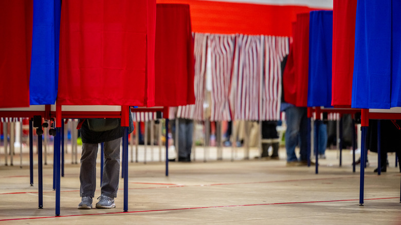 Voters stand behind booths