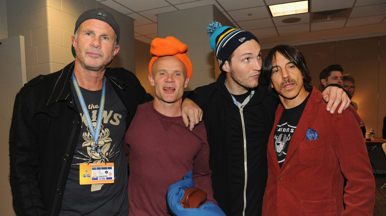 Red Hot Chili Peppers backstage at the 2014 Super Bowl