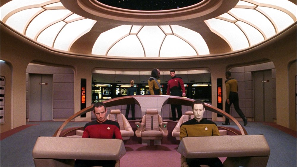 The crew of the Enterprise-D on the bridge