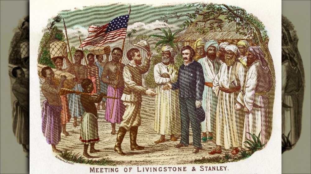 Period engraving of Stanley meeting Livingstone