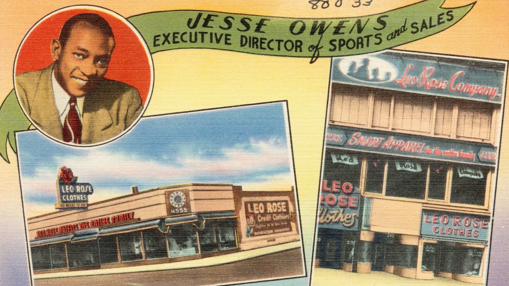 Postcard advertising Jesse Owens as executive director of sports and sales at Leo Rose Clothes