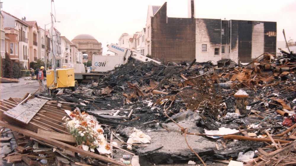 A destroyed apartment complex near the Marina after the Loma Prieta earthquake