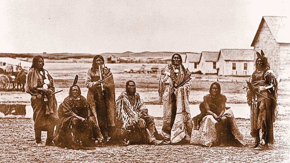 Left to right: Spotted Tail, Dull Knife (Roaming Noise), Old Man Afraid Of His Horse, Lone Horn, Whistle Elk, Pipe On Head and Slow Bull. - They signed the Treaty of Fort Laramie (or Sioux Treaty of 1868) on their part.