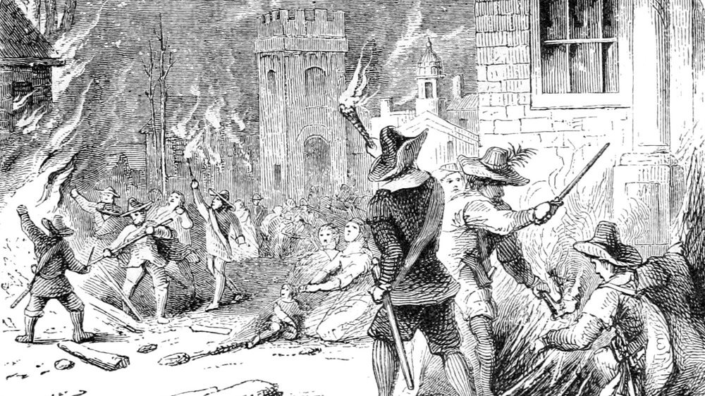 Engraving captioned "The Burning of Jamestown" showing the burning of Jamestown during Bacon's Rebellion (1857)