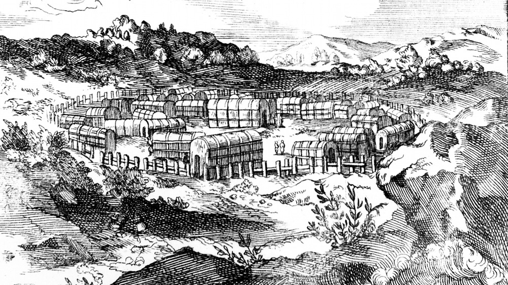 Palisaded village of huts typical of Virginia and east shore of Chesapeake Bay. Copperplate engraving, 1686.