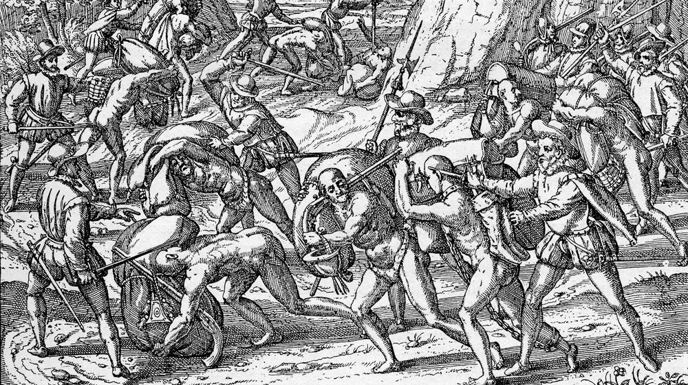 The abuse of Native Americans by Spaniards. Engraving from 'Americae partes', Frankfurt 1590.