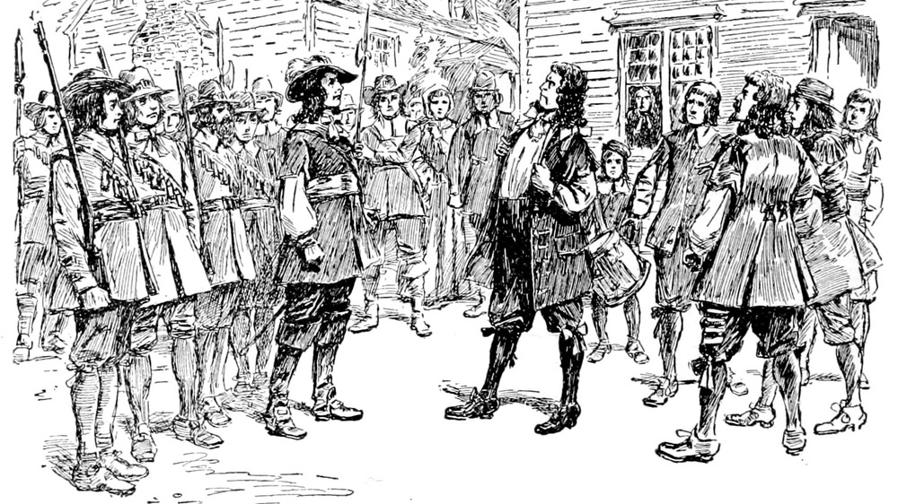 Governor William Berkeley barring his breast after refusing Nathaniel Bacon a commission, during Bacon's Rebellion in 1676. 
