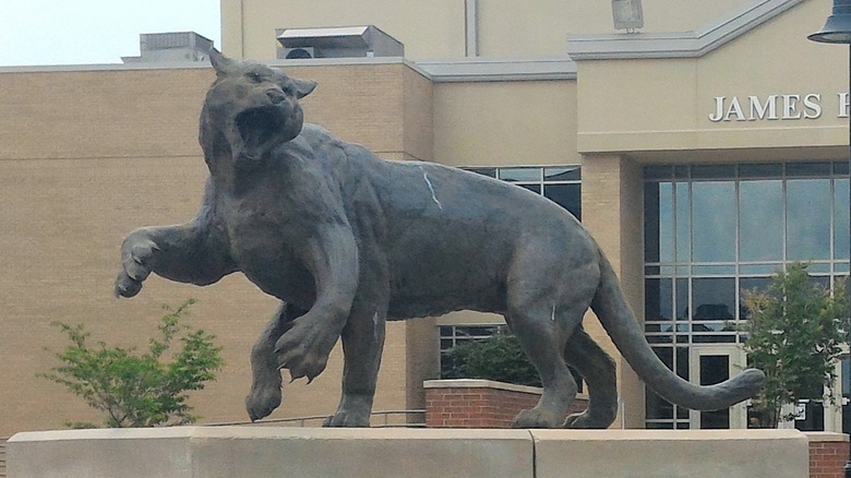 Wampus cat statue in front of the James H. Clark Auditorium