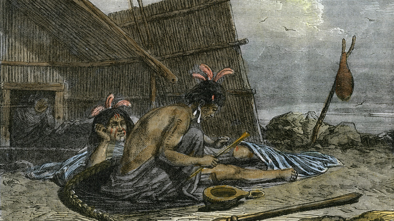 Māori chief getting tattooed illustration 