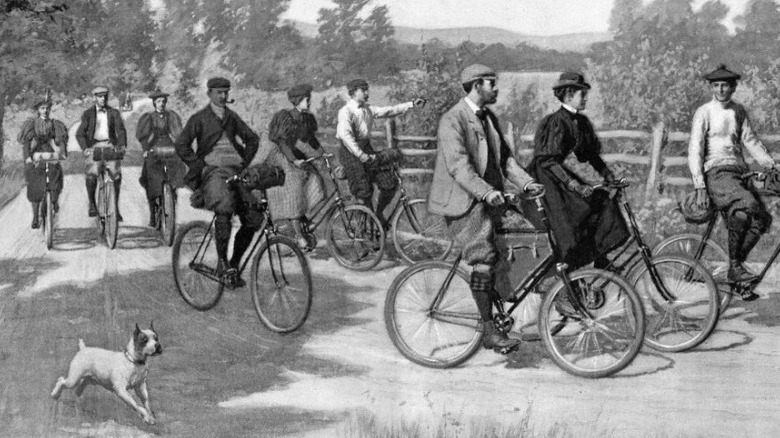 Men and women on bicycles, 1896