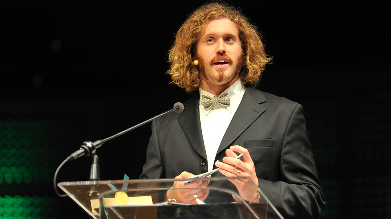 T.J. Miller suit bowtie lecturn speaking