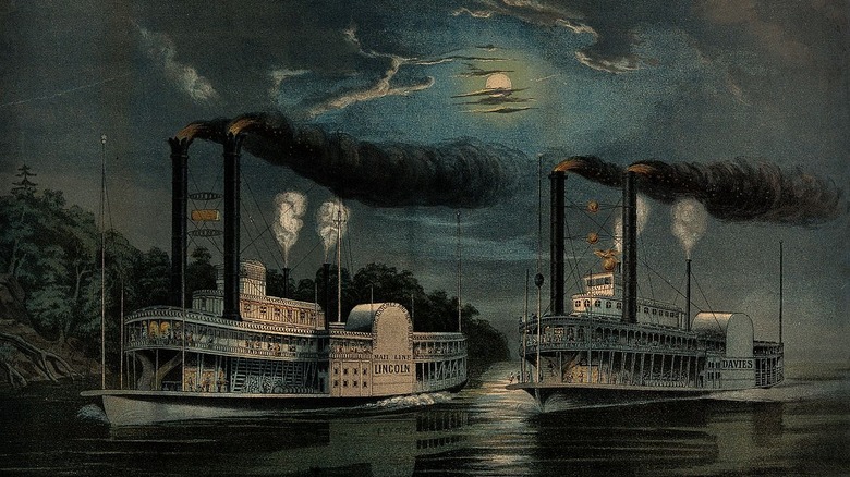 steamboats racing at night