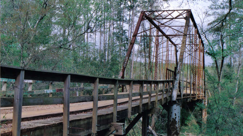 metal wood bridge canopy of trees