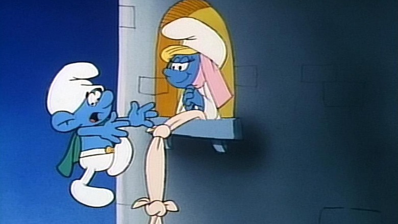 Smurf falling from tower with Smurfette