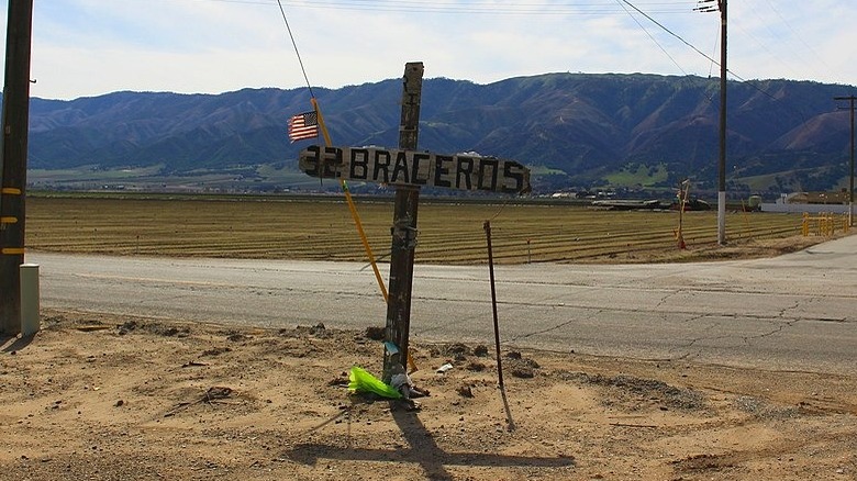 Memorial marker 32 Braceros Chualar with moutntains