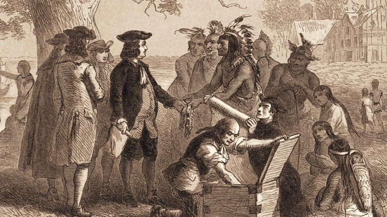 Lenni Lenape and Dutch colonists shaking hands