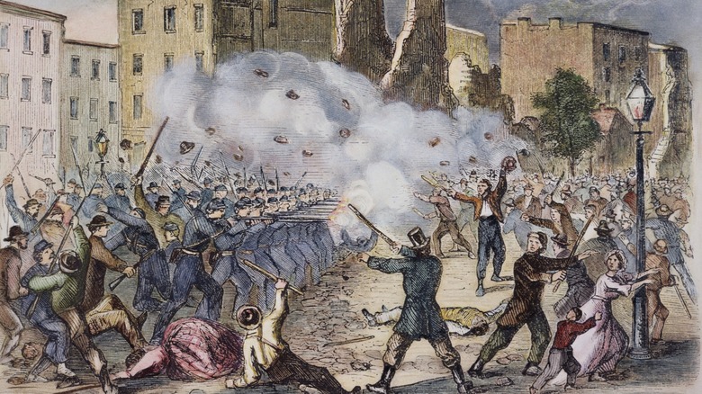 Illustration soldiers shooting rioters New York