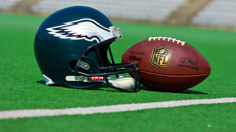 Philadelphia Eagles helmet on football field
