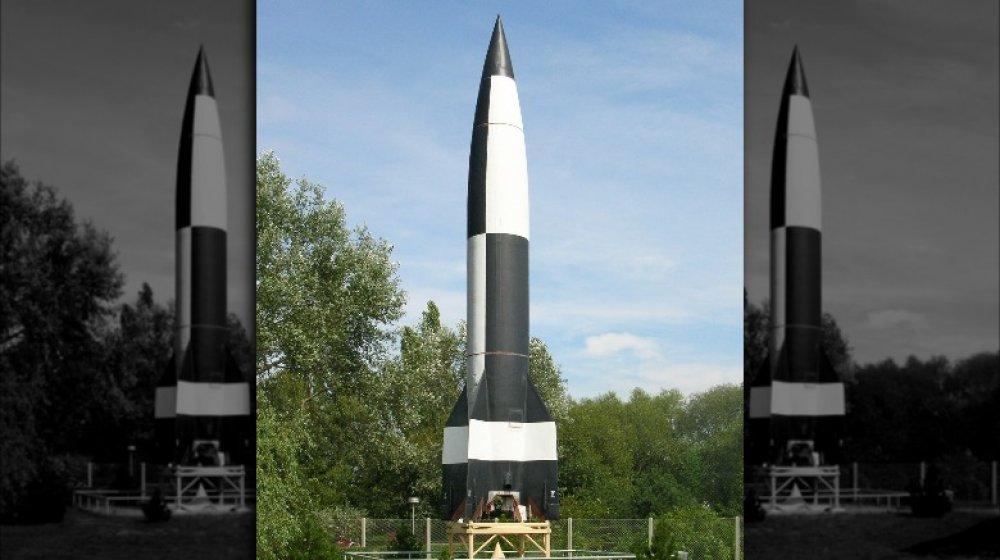 A photograph of a V-2 rocket on display.