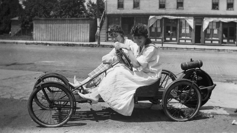 two women driving vintage