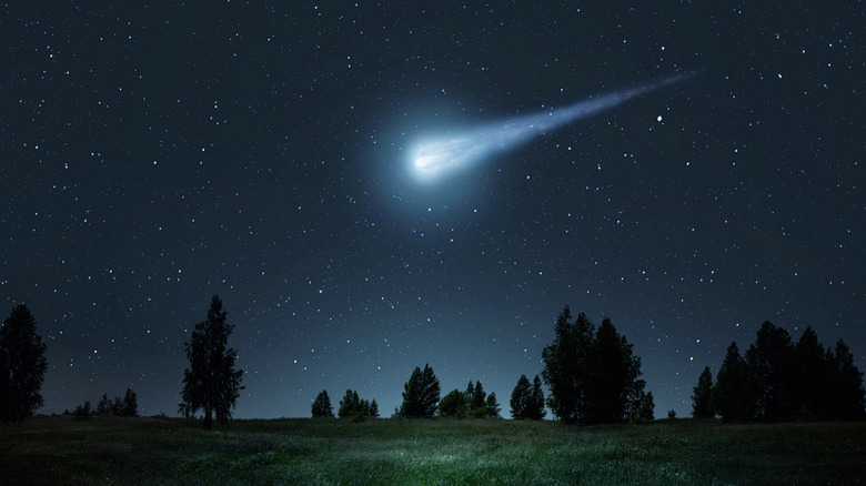 A meteorite flashes across the starry night sky.