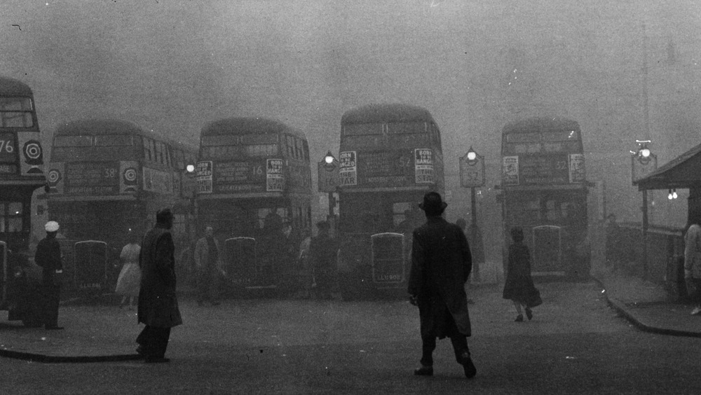 Fog on bus stop, historical photo