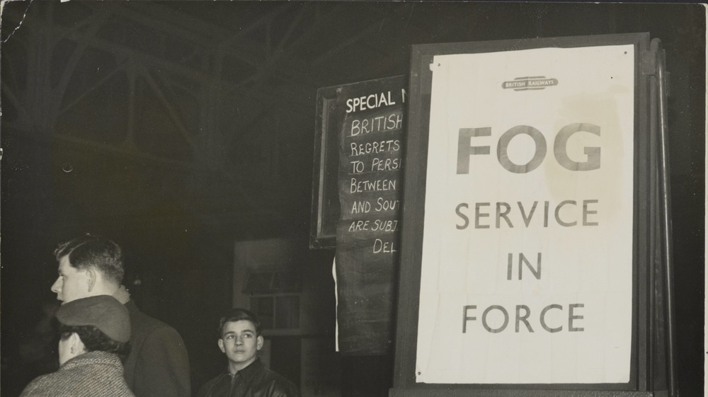 Historical photo reading "fog service in force"