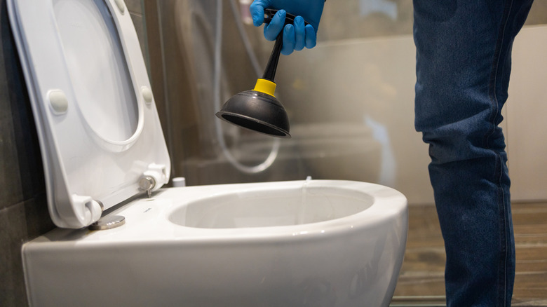 Person cleaning toilet with plunger