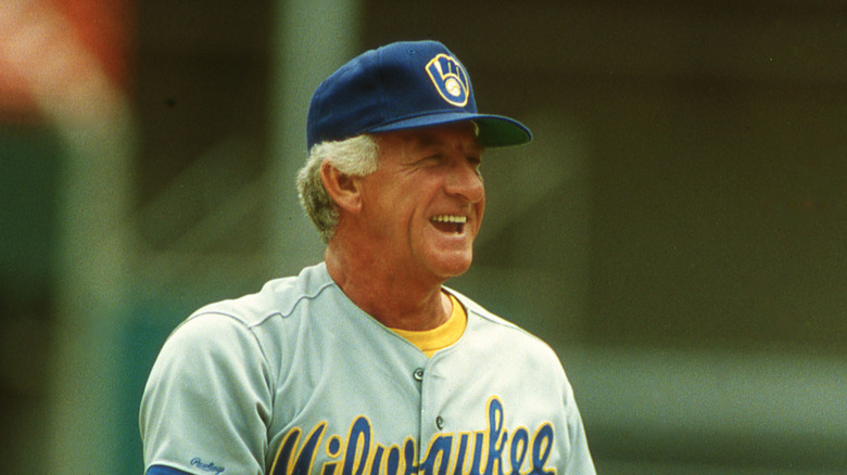 Bob Uecker smiling with Milwaukee Brewers uniform on