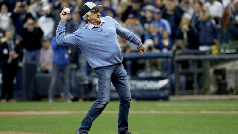 Bob Uecker throwing a baseball