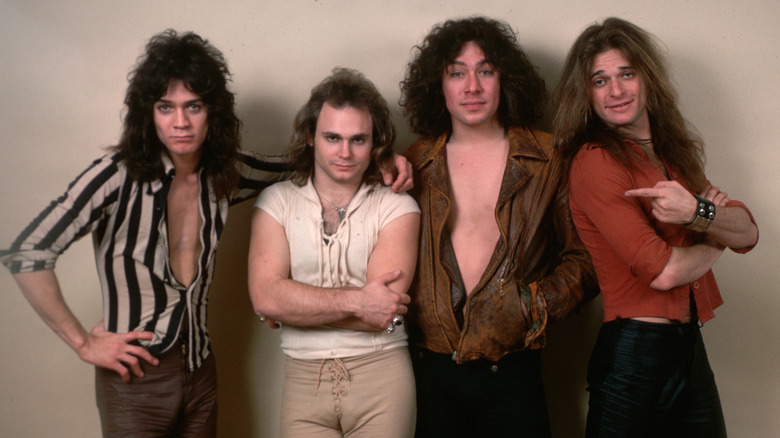 david lee roth points to rest of van halen in 1970s publicity shot