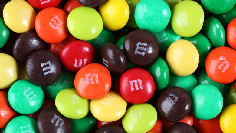 overhead shot of pile of M&Ms candies