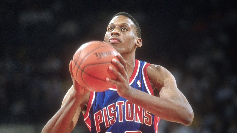 Dennis Rodman shooting a free throw for the Detroit Pistons in 1989