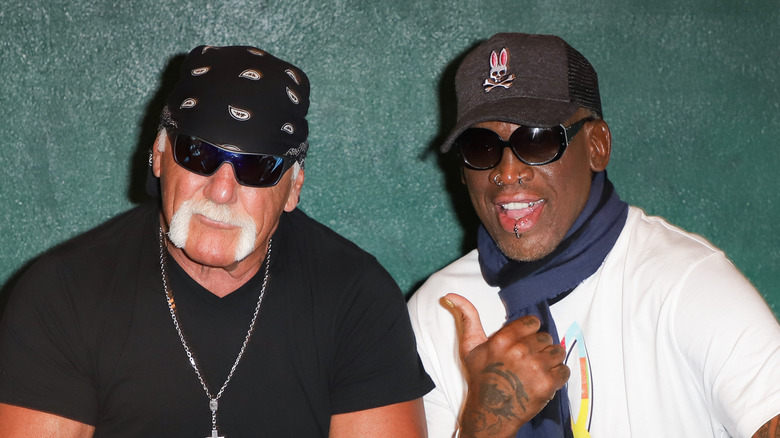 Hulk Hogan and Dennis Rodman posing for a photo