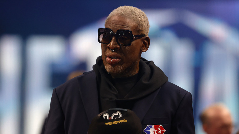 Dennis Rodman eyeing the room during a 2021 post-game event at Audi Field in Washington, D.C.