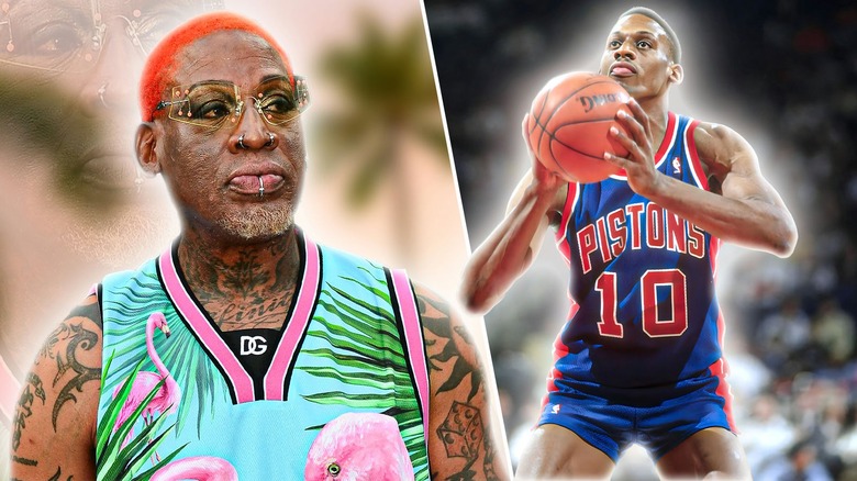 Side by side photos of present Dennis Rodman and young Dennis Rodman