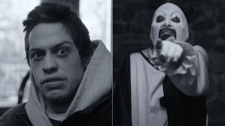 Split screen of Pete Davidson and Art the Clown in Bupkis