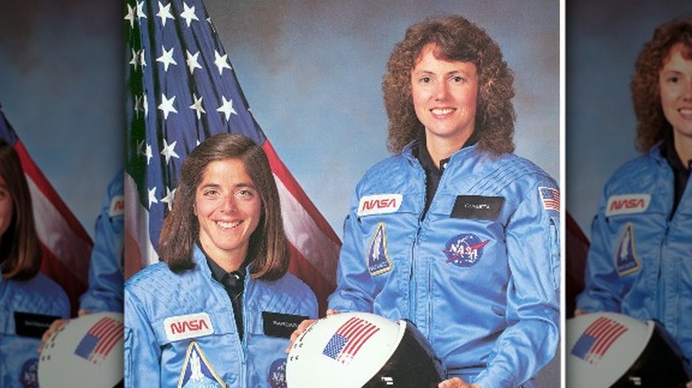 christa mcauliffe and barbara morgan smiling uniform