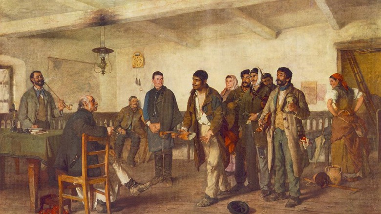 A Roma makes a complaint to a local magistrate in Hungary, by Sándor Bihari, 1886